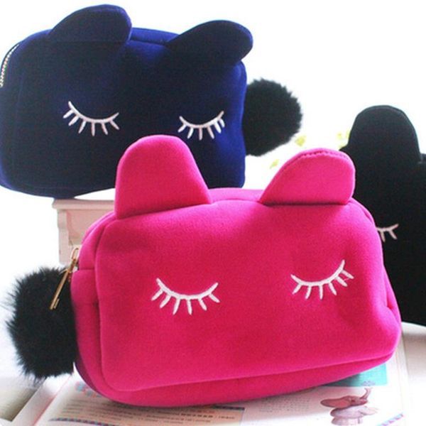 

cute portable high capacity cartoon cat makeup coin storage case flannel pouch cosmetic bag storage bags for home travel