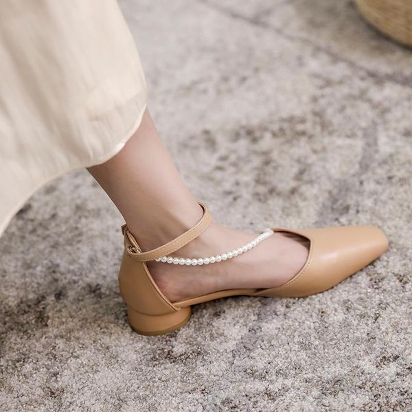 

sandals pearl low-heeled shoes with strap 2021 summer square toe all-match suit female beige buckle block closed clea, Black