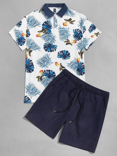 

men tropical print polo shirt & drawstring waist shorts set w3wv#, Gray