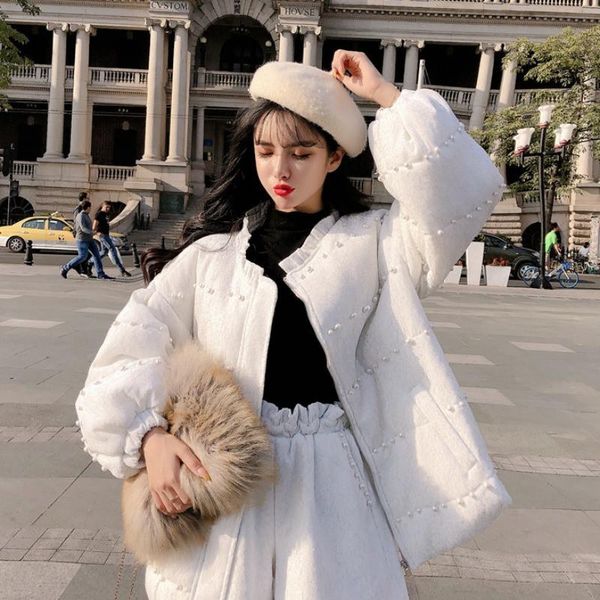

junerain women winter 2 piece set fashion velvet parkas+ high waist shorts suits pearls pink matching outfits new fleece sets, White