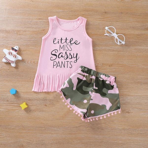 

clothing sets toddler infant girl 2pcs outwear clothes summer letter tassel vest + camouflage plush balls short pants sleeveless, White