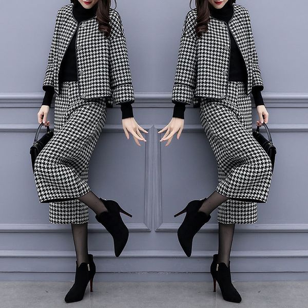 

new spring female plaid pieces woolen jacket nine stitches leg pants retro-female tides asnv, Gray