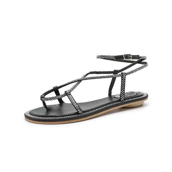 

sandals clip toe narrow band roman women crystal studded ankle strap gladiator sandalias mujer cross-tied flat sandles, Black