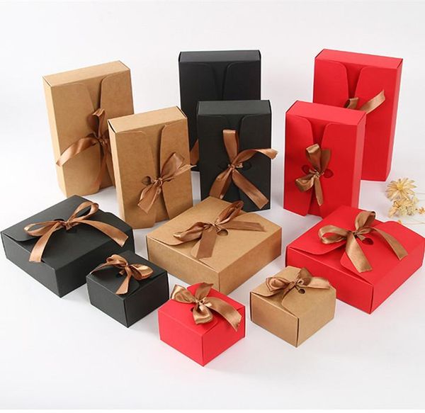 

5 pcs /lot gift bag paper box with ribbon black and kraft boxes with ribbon wedding favor baby shower party gift boxes