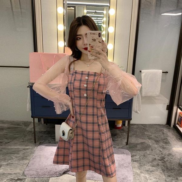 

casual dresses beading perspective mesh flare sleeve patchwork vintage plaid dress spring autumn robe femme fashion elegant pink, Black;gray