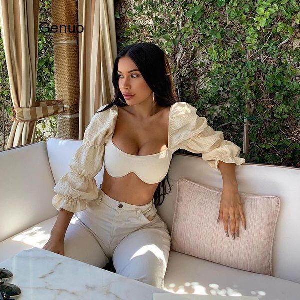 

women's blouses & shirts square collar fashion wave lantern sleeve blouse backless summer cropped women blusas chic, White