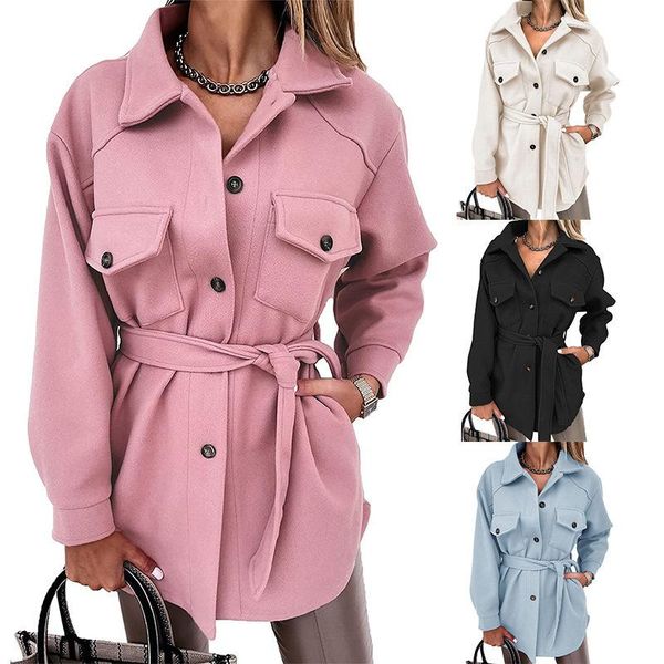 

women's vests european and american autumn winter solid color woolen coat with belt ladies, Black;white