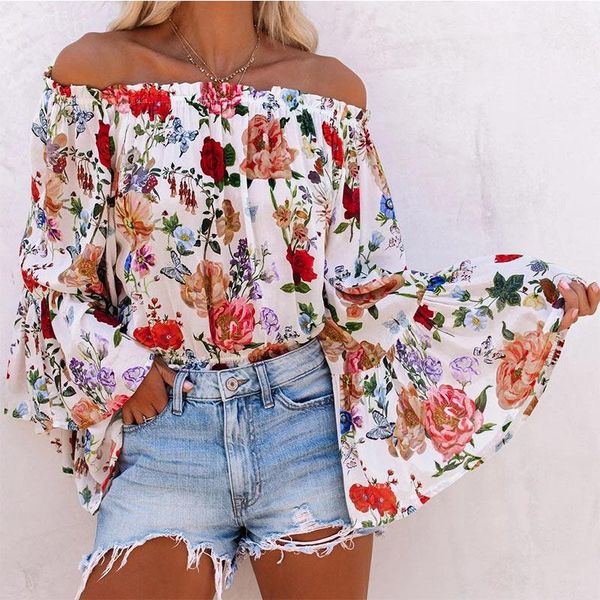 

women's blouses & shirts off shoulder women chiffon blouse 3/4 flared sleeve sweet floral print loose ladies 2021 summer boho clothes, White