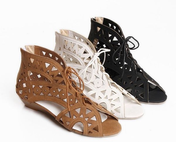 

gladiator hollow out sandals vintage lace up low hak wiggen summer shoes for women open teen rits zapatos mujer, Black