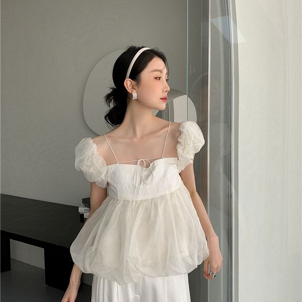 

women's knits & tees off shoulder peplum blouse women white black summer puffy sleeves backless tulle ladies korean fashion cl