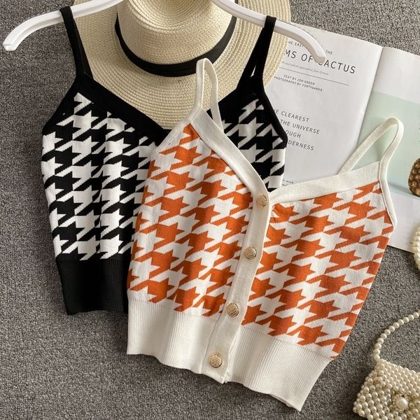 

fashion summer casual single-breasted houndstooth knit camisole women's outer knit cami sweater plaid v-neck camis 210308, Black