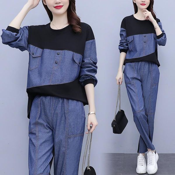 

women's two piece pants large size denim 2 set and casual hoodies+pants korean style women's tracksuits contrast suit clothes, White