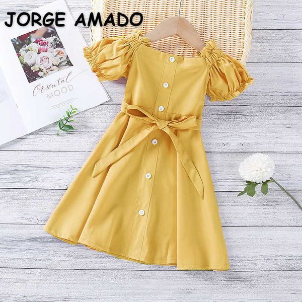 

summer kids girl dress candy color shoulderless with sashes princess dresses cute style outfits children clothes e417 210610, Red;yellow