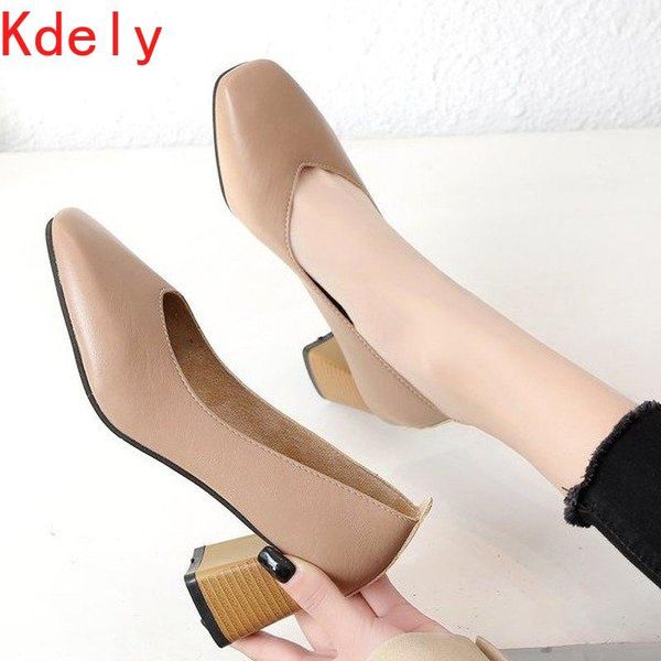 

2021 spring pumps comfort leather shoes med chunky heel square toe retro style women work heels office shoes women, Black