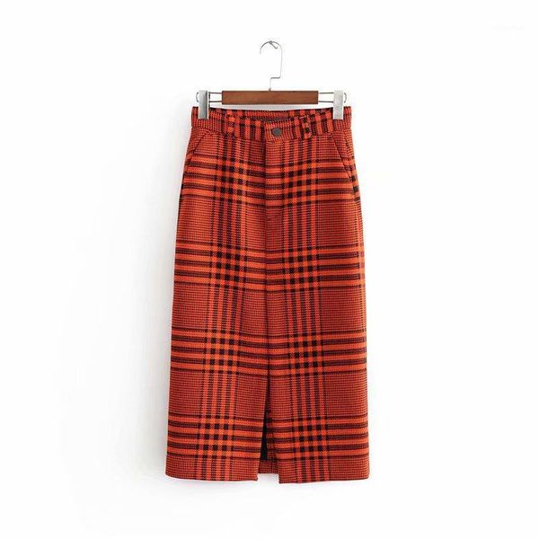 

autumn/ winter straight wrapped hip skirt women's elegant red plaid printed split mid length mid-calf skirts, Black