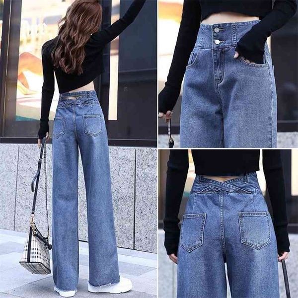 

wide leg jeans for women blue loose pants high waist casual large size straight pants boyfriend straight mom streetwear 210809
