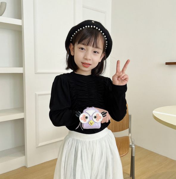 

fashion kids owl handbag 2022 girls chain rivet wrist messenger bag children pu leather mini purse boys cartoon wallet a83041, Black
