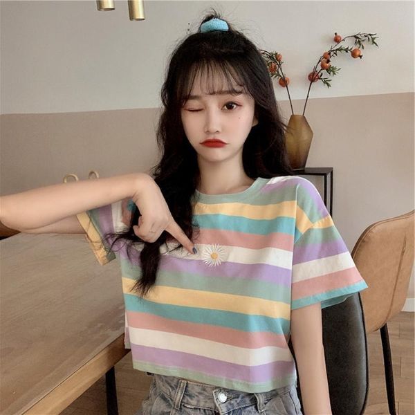 

women's t-shirt women cute short sleeve rainbow t-shirts cropped summer slim tee for d88, White