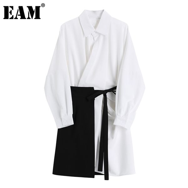 

[eam] women white bandage split temperament dress new lapel long sleeve loose fit fashion tide spring autumn 2021 1da297 210303, Black;gray