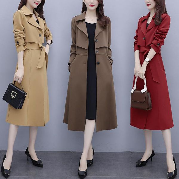 

women's trench coats british style windbreaker women 2021 spring and autumn korean slim long-sleeved outwear solid color female long co, Tan;black