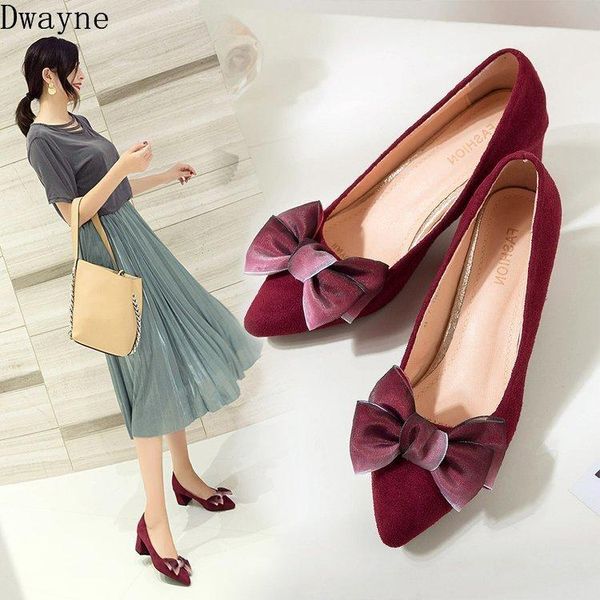 

dress shoes womens korean wild butterfly-knot pointed shallow mouth suede single shoe square heel high heels temperament elegant pumps, Black