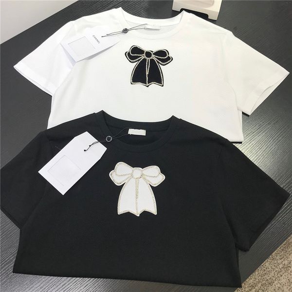 

xiaoxiang new beaded bowknot color matching printed cotton round neck t-shirt women's 2021 early spring new short sleevewq4p, White