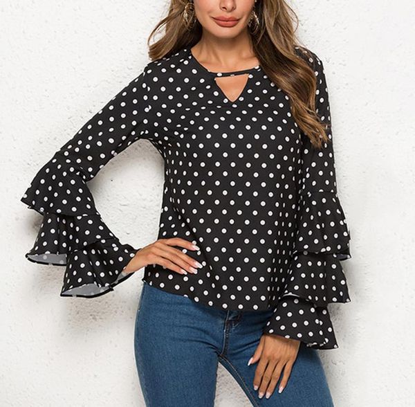 

women blusas polka dot print flare sleeve shirts v-neck long sleeve chiffon blouse korean white black blouse