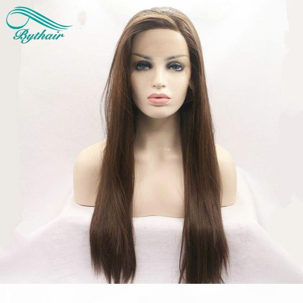 

bythair long silky straight wigs brown synthetic lace front wig heat resistant fiber hair side part for women, Black