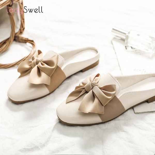 

sandals ladyswell big bows mule slippers women autumn faux leather close toe flat korean fashion shoes, Black
