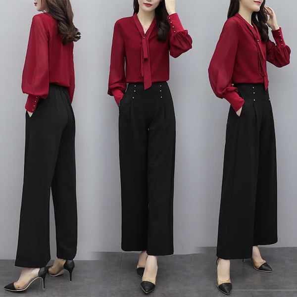 2020 neue Schwarz Mode Elegante Frauen Zwei-stück Anzug Koreanische Feste Hemd Top und Hohe Taille Breite Bein Hosen büro Dame Hose Set Y0625