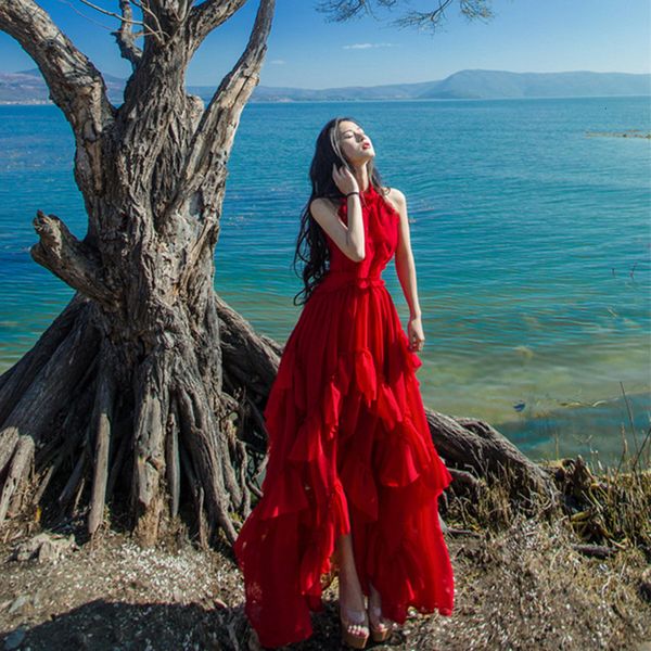 

2021 new summer women bohemian holiday beach maxi off shoulder chiffon ruffles red irregula big swing long dress jan6, Black;gray