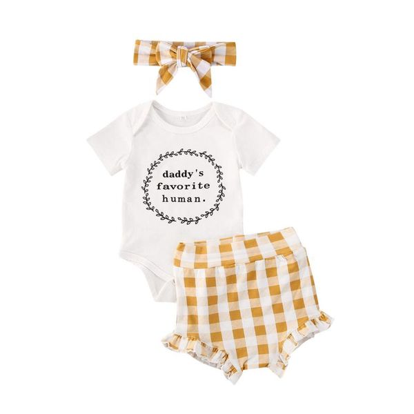 

clothing sets born baby girls daddy romper jumpsuit +headband +yellow white plaid shorts 3pcs clothes set