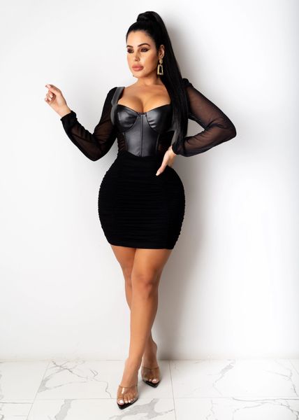 

2021 new solid dress long sleeve neck nightclub mini b996, Black;gray
