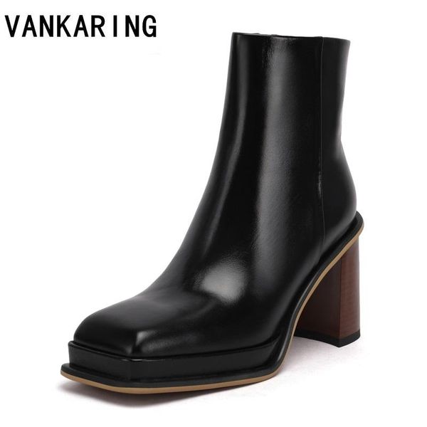 

boots 2021 autumn winter women leather ankle fashion female thick high heels elegant lady brown black square toe zipper