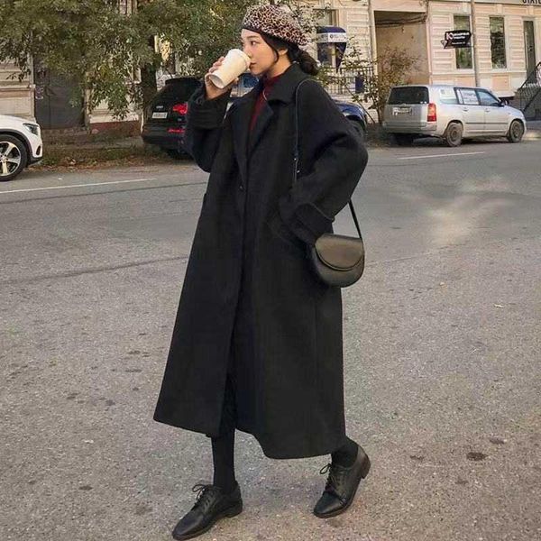 

women's wool & blends woman long coat fashion korean preppy style retro versatile windbreaker casual warm woolen oversize 2021 spring w, Black