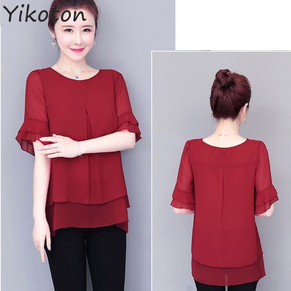 

women's blouses & shirts fashion 2021 summer women blouse loose o-neck chiffon shirt female short sleeve plus size 5xl womens tee, White