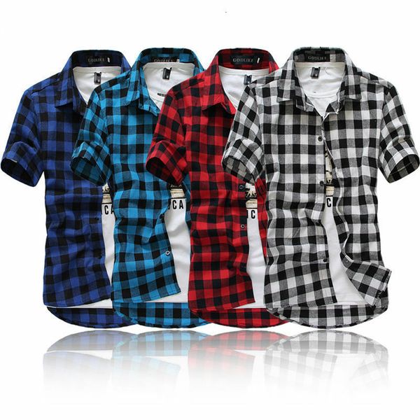 

fashion summer casual shirt men plaid short mouwen shirts, White;black