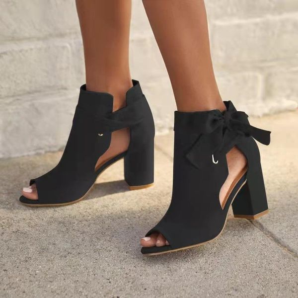

dress shoes black large size bow female square root leaky toe fish mouth high-heeled sandals comfortable