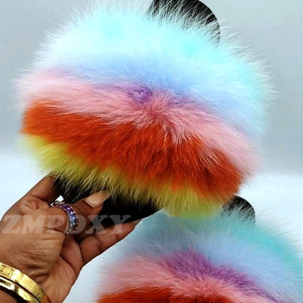 

new arrival women big bont slippers raiow color ffy voss fur slides fashion girl nice pluch washer bear fuzzy sandals flip flops, Black