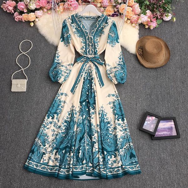 

casual dresses ftlzz spring autumn women vintage v-neck long sleeve print female holiday style bandage high waist a-line midi, Black;gray