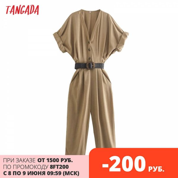 

tangada women khaki with belt long jumpsuit for summer short sleeve pocket female casual jumpsuit qd65 210609, Black;white