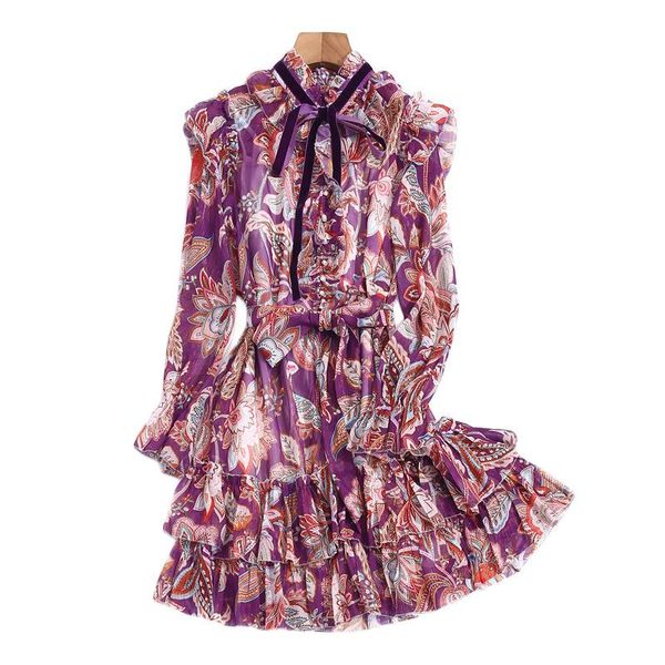 

casual dresses 2021 spring chiffon ruffled patchwork print retro flared sleeve fashion party vacation women's dress, Black;gray
