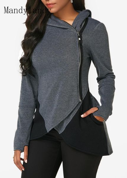 

mandylandy spring and autumn fashion pocket hooded irregular t-shirt women's casual long sleeve zipper slim fit t-shirt, White