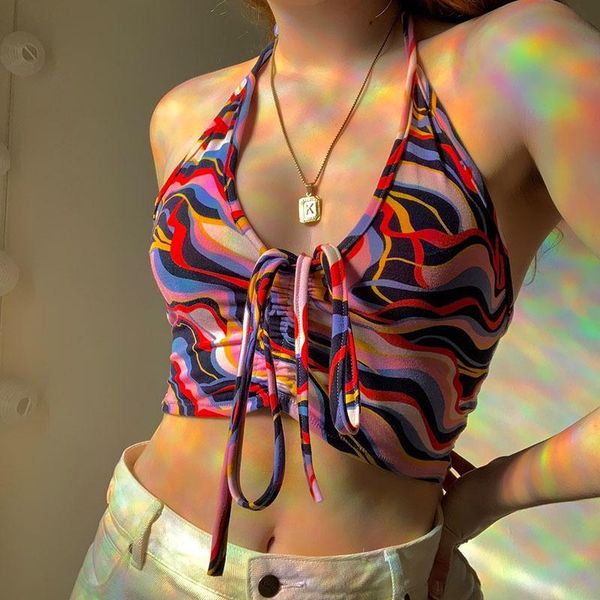 

women's tanks & camis rapcopter paisley printed crop y2k aesthetic halter ruched tie up women vintage sweats beach holiday 90s vests, White