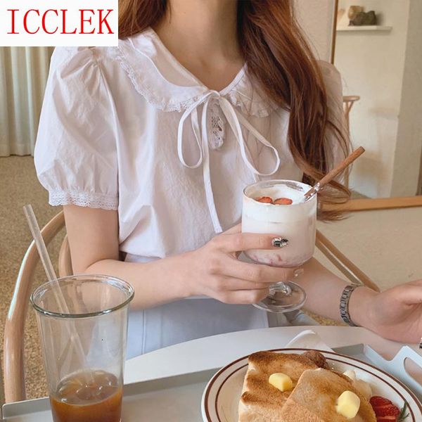 

women's blouses & shirts korean chic sweet baby collar white short sleeve shirt summer niche design soft bubble top
