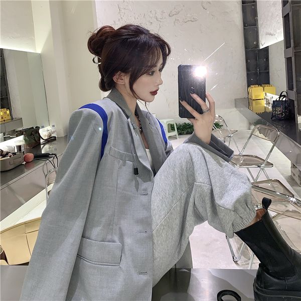

2021 spring female office lady notched collar long-sleeved blazer coat single breasted loose gray minimalist 8y558, Black;brown