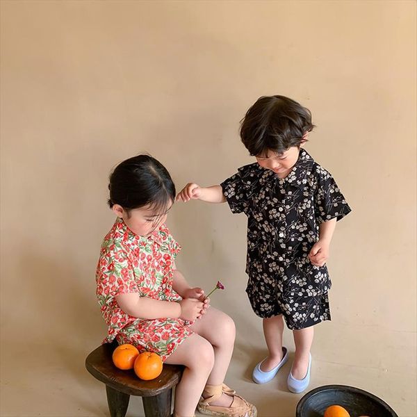 

summer kids suit floral tees and shorts for boys girls korean loose 2pcs, White