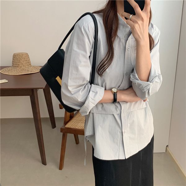 

minimalist casual solid lapel loose long sleeve shirts ol fashion 2021 new arrival chic women all match blouses ejeg, Black