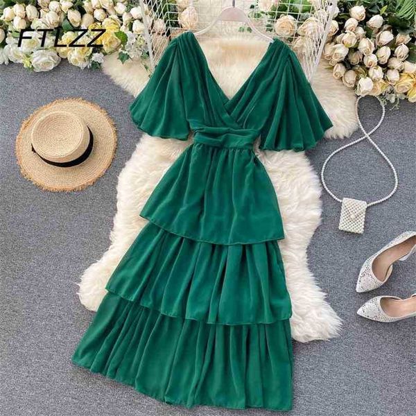 

summer party dress women fashion v neck patchwork layer es ladies elegant backless chiffon vestidos mujer 210525, Black;gray