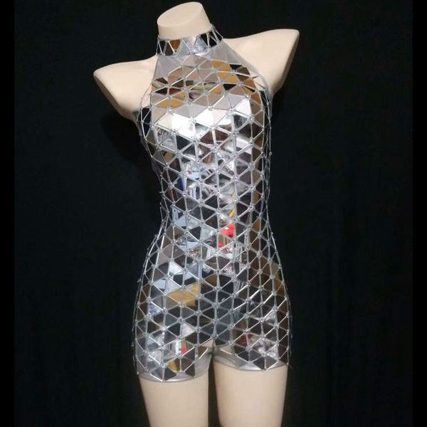

silver rhinestone mirrors bodysuit gloves nightclub outfit performance show dance costume women dancer singer stage wear, Black;red